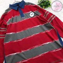 【映えるラガーシャツ！】ポロシャツ　XL　長袖シャツ　ボーダー　赤　グレー　古着