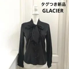 GLACIER★リボン付き胸元フリル　黒ストライプ　ストレッチ素材長袖ブラウス
