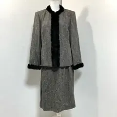 レリアン　ヌートリアファー付き　ミックスツイード　スカートスーツ　大きいサイズ