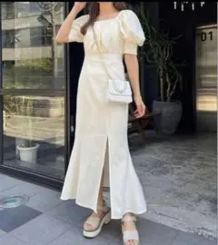 【美品】NICE CLAUP バックリボンマーメイドワンピース アイボリー F