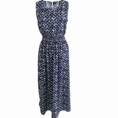 ◆美品◆ノースリーブロングワンピース◆ ジオメトリック柄◆ネイビー×ホワイト◆