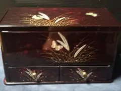 昭和レトロ 鏡付き ティッシュケース 小引き出し付き 漆器調 蝶と草花 蒔絵