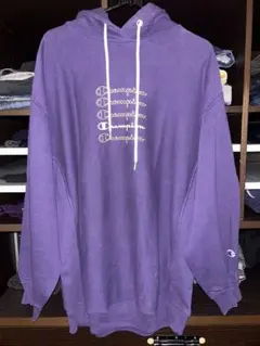 Champion リバースウィーブ プルオーバーパーカー ロゴ総柄 パープル