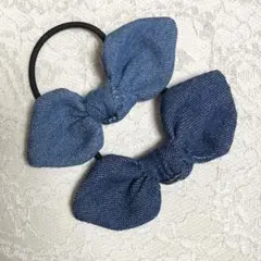 うさみみリボン ヘアゴム ハンドメイド ♡デニム調×2点セット