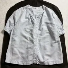 UNIQLO/リネン混ブラウス/半袖/スキッパー/涼しい/ナチュラル/ブルー/M