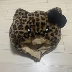 ヒョウ柄猫耳帽子 黒いリボン付き