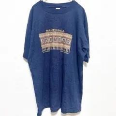 希少 ペルー製 インカ柄 Tシャツ ピマコットン ネイビー 【L相当】古着