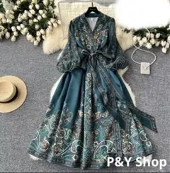 春夏コーデ❤️レディース　ロング丈ワンピース　Vライン　エレガント　長袖