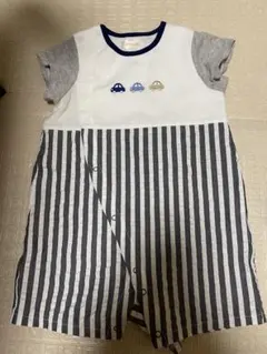 赤ちゃんの城　ストライプロンパース 車刺繍付き　80cm