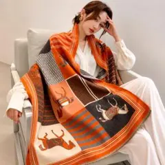 ストール　大判　カシミヤマフラー オレンジ　馬柄 ショール 羽織り 膝掛けのサムネイル