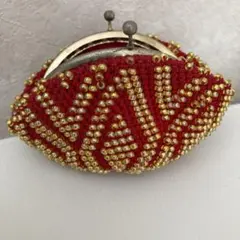 ビンテージハンドメイドがま口、赤い糸と金色ビーズ