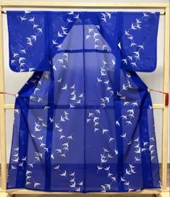 A 夏物 美品 うちわに花々 組紐 藍色 絽 紗 薄物 正絹 訪問着 着物