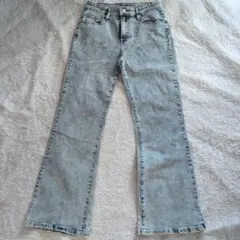 フレアデニム レディース ケミカルウォッシュ ライトブルー ジーパン ロング