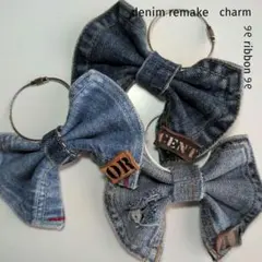 № ② デニムリメイク୨୧リボン୨୧チャーム　革タグ　【３個セット】　リング付き