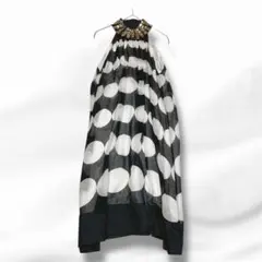 【絹100%】華やかビジュー付きドット柄シフォンワンピース M相当 Z8510⭐︎