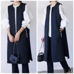 ロングジレ 紺 ネイビー F フリーサイズ おしゃれ テーラードベスト