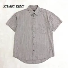 ★スチュアートケント ボタンダウンシャツ【L】ストライプ 綿 半袖 ブラウン系