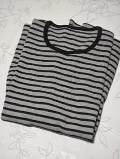 GU ワッフル ボーダー 長袖カットソー S グレー ブラック