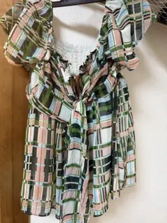 チェック柄フリル袖トップス スカート2点 セットアップ　フェミニン　清楚