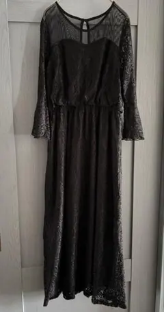 Lace Ladies】総レース ロング丈フレアパーティードレスブラックMサイズ
