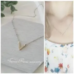 華奢  ボールチェーン  V字 ラインストーン ネックレス     シルバー