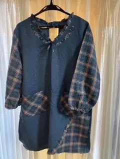 チェック柄刺繍付き長袖チュニック