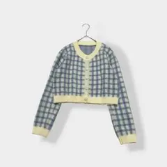 GRL グレイル ブロックチェック柄 ショート丈 カーディガン ブルー系 M