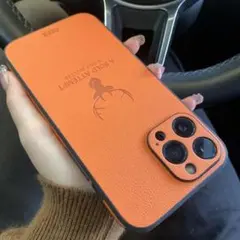 【13pro】iPhoneケーススマホケースオレンジレザー鹿革耐衝撃韓国ブランド