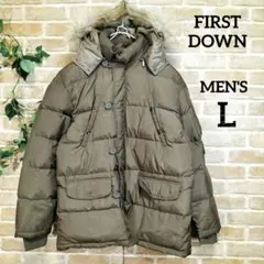 ダウンジャケット　アウター　L　ダウン70％　フードつき　カーキ　ポケット多め