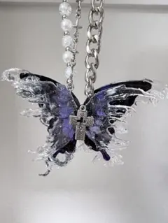 レジン蝶 ネクレス 手作り 十字架 ゴスロリ