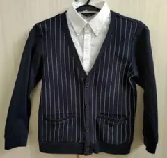 ネイビー ストライプ カーディガン (シャツ一体型）