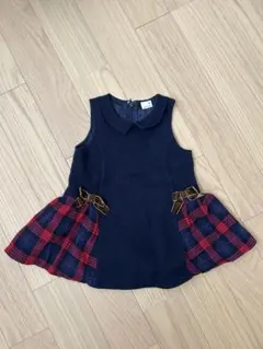 ネイビー チェック柄 フリル ワンピース　プティマイン