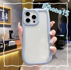 iPhone15ケース 韓国 シンプル 猫 ネコ ねこ 背面クリア　ブルー
