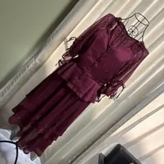 バーガンディ フリル ツーピース セットアップ Lサイズ ロング丈 結婚式