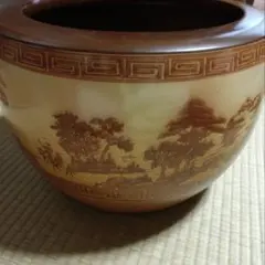 即使用可・フルセット】時代物 真鍮火鉢 彫金山水画 五徳/火箸/灰なら