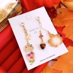 数量限定❣️秋 もみじ 猫 どんぐり asymmetry ハンドメイド ピアス