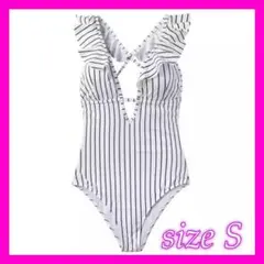 【残り1着】ブラジリアン モノキニ ストライプ フリル 黒 白 No.48s