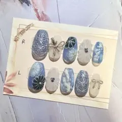 【現品】ネイルチップ 成人式 卒業式 振袖 袴 前撮り 和柄 青 水色