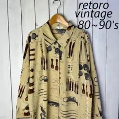レトロ古着 80s～90s 絵画風総柄比翼ブラウス シャツ L～XL ベージュ