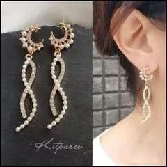 No.132 パールムーン×ゆらゆらクロスラインストーンチャームピアス