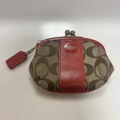 COACH がま口コインケース ベージュ/赤