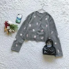 ザラ カーディガン ニット 長袖 M うさぎ 総柄 ショート丈 レイヤード 冬