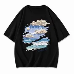 風景プリント 半袖Tシャツ ブラック Mサイズ メンズ レディース