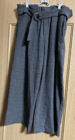 レディース　チェック柄ウエストベルト付きワイドパンツ LL 中古品