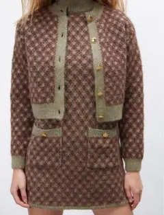 オリーブグリーン ブラウン チェック カーディガン