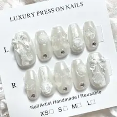 現品୨୧韓国ガーリーネイルチップ　パール乳白色ホワイト　薔薇　レース　バレリーナ