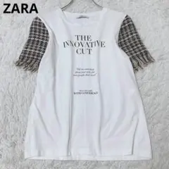 ザラ　半袖Tシャツ　異素材ドッキング　ツイード袖　カジュアル　ホワイト　配色　Sのサムネイル