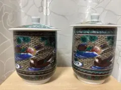 AO76 九谷焼 龍山 湯呑み2客 細字 金彩 色絵 青粒 共箱 夫婦茶碗