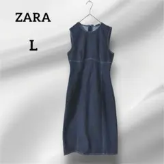 美品　ザラ　デニムワンピース　ノースリーブ　ダークブルー　L