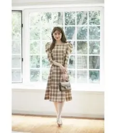 tocco closet  チェック柄パワーショルダーワンピース